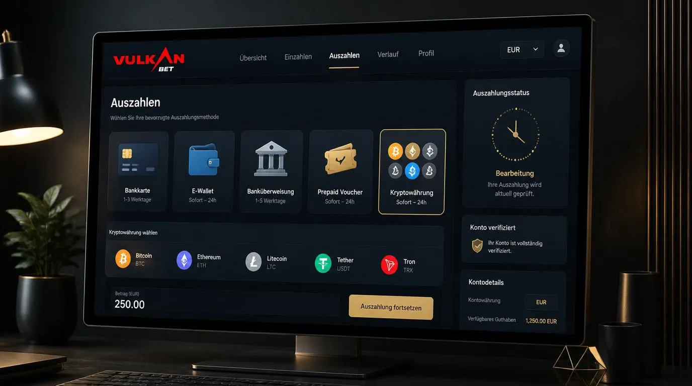 Kassenansicht mit Karte, E-Wallet, Banküberweisung und Kryptowährungen für Einzahlungen und Auszahlungen