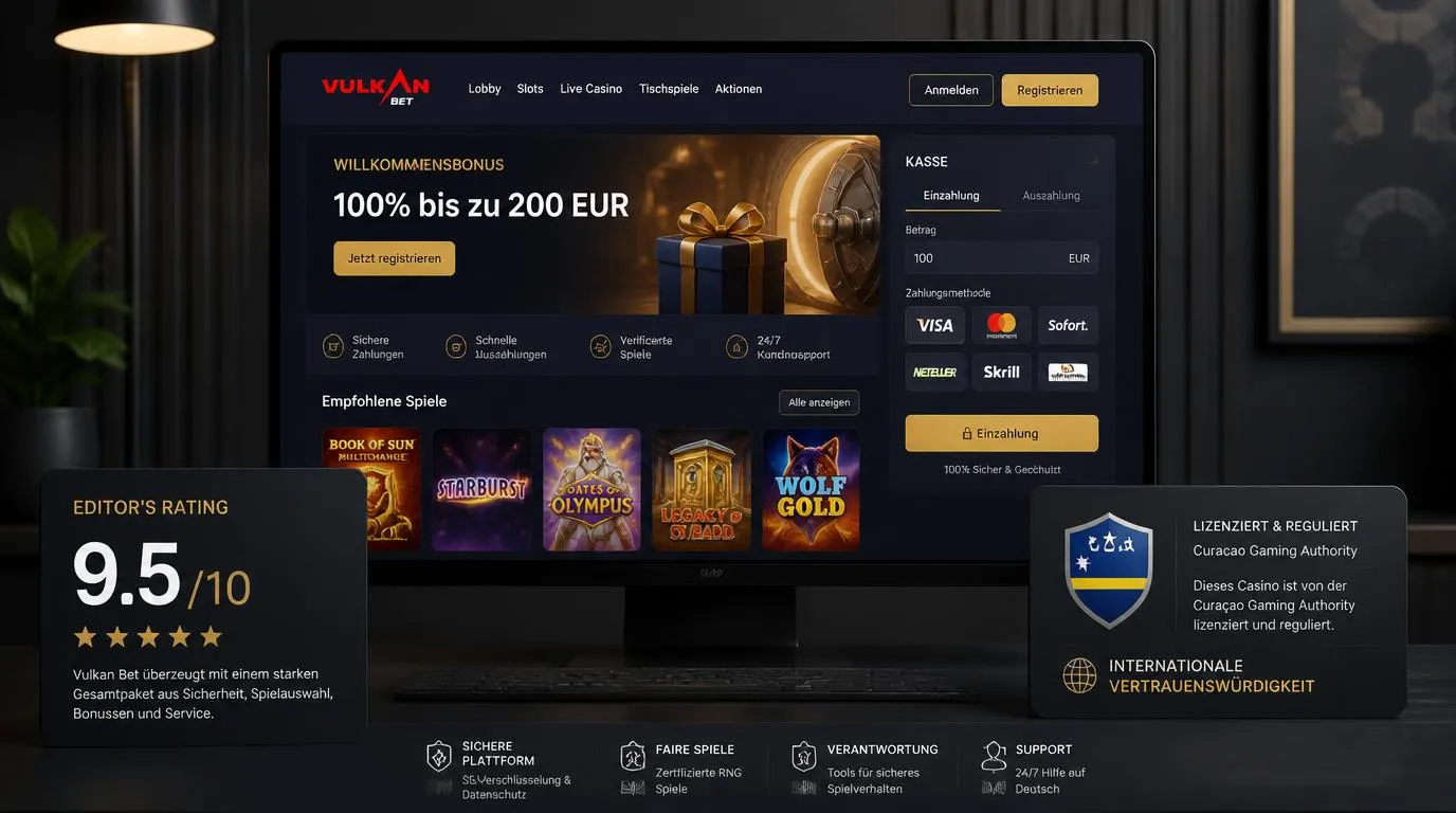 Casino-Benutzeroberfläche mit Bewertungsanzeige, sicherem Zahlungsbereich und Willkommensbonus