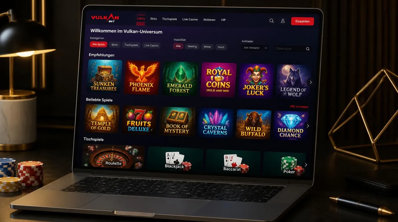Casino-Lobby auf einem Laptop mit Slot-Kacheln, Roulette-Tisch und Filtern nach Spieltypen