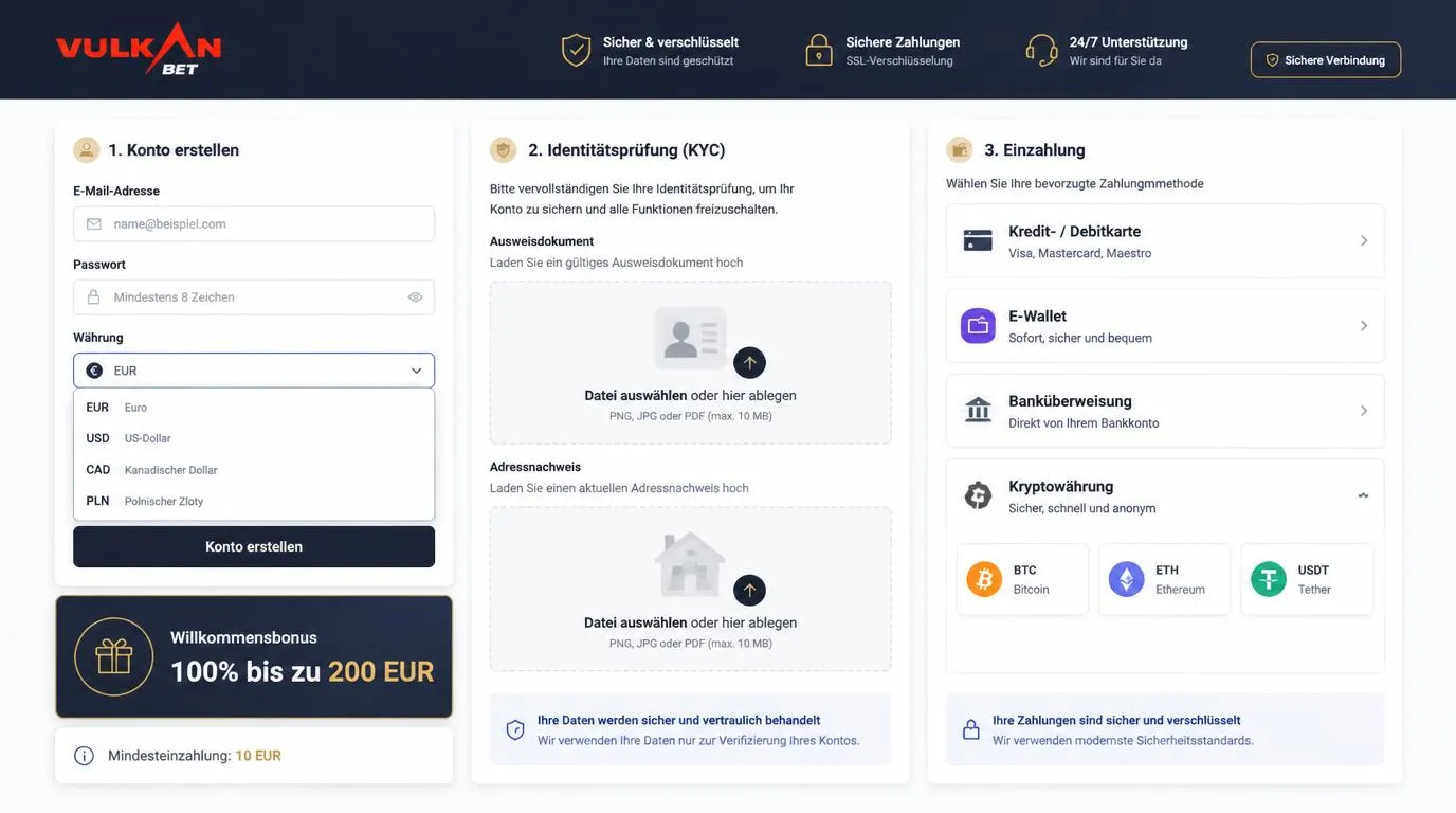 Casino-Konto mit KYC-Upload, Währungsauswahl und erster Einzahlung per Zahlungsdienst
