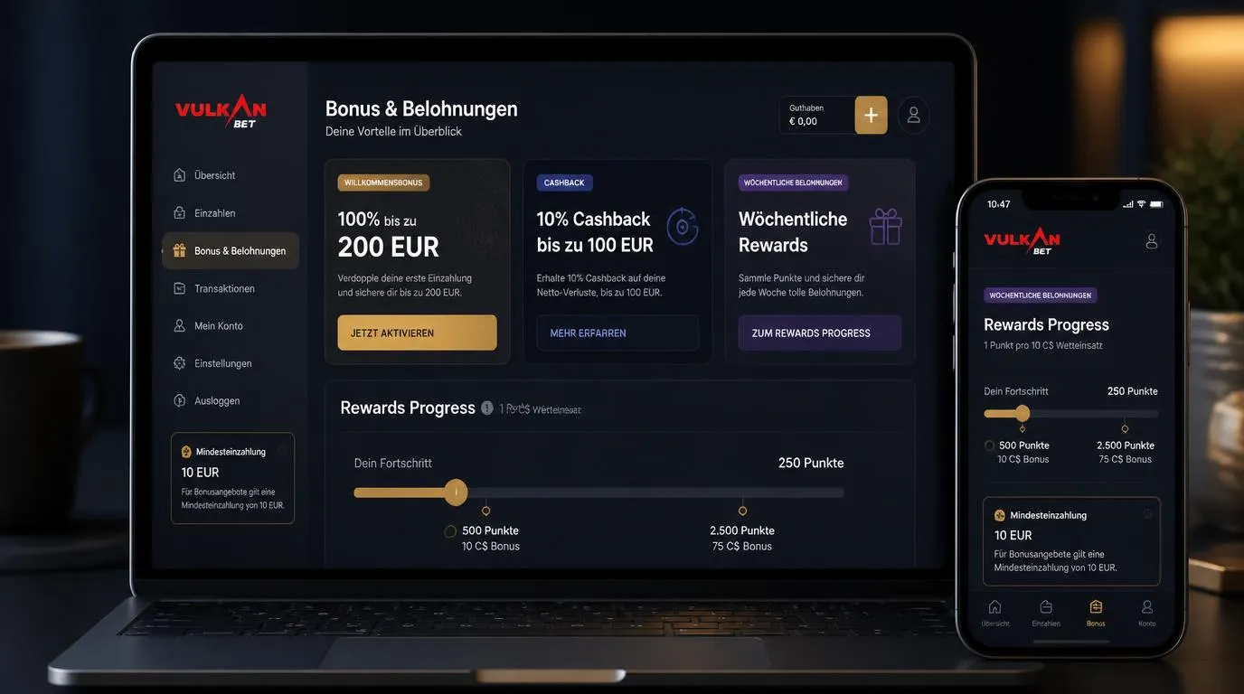 Bonusübersicht mit Willkommensangebot, Cashback und Wochenpunkten für deutsche Casinospieler