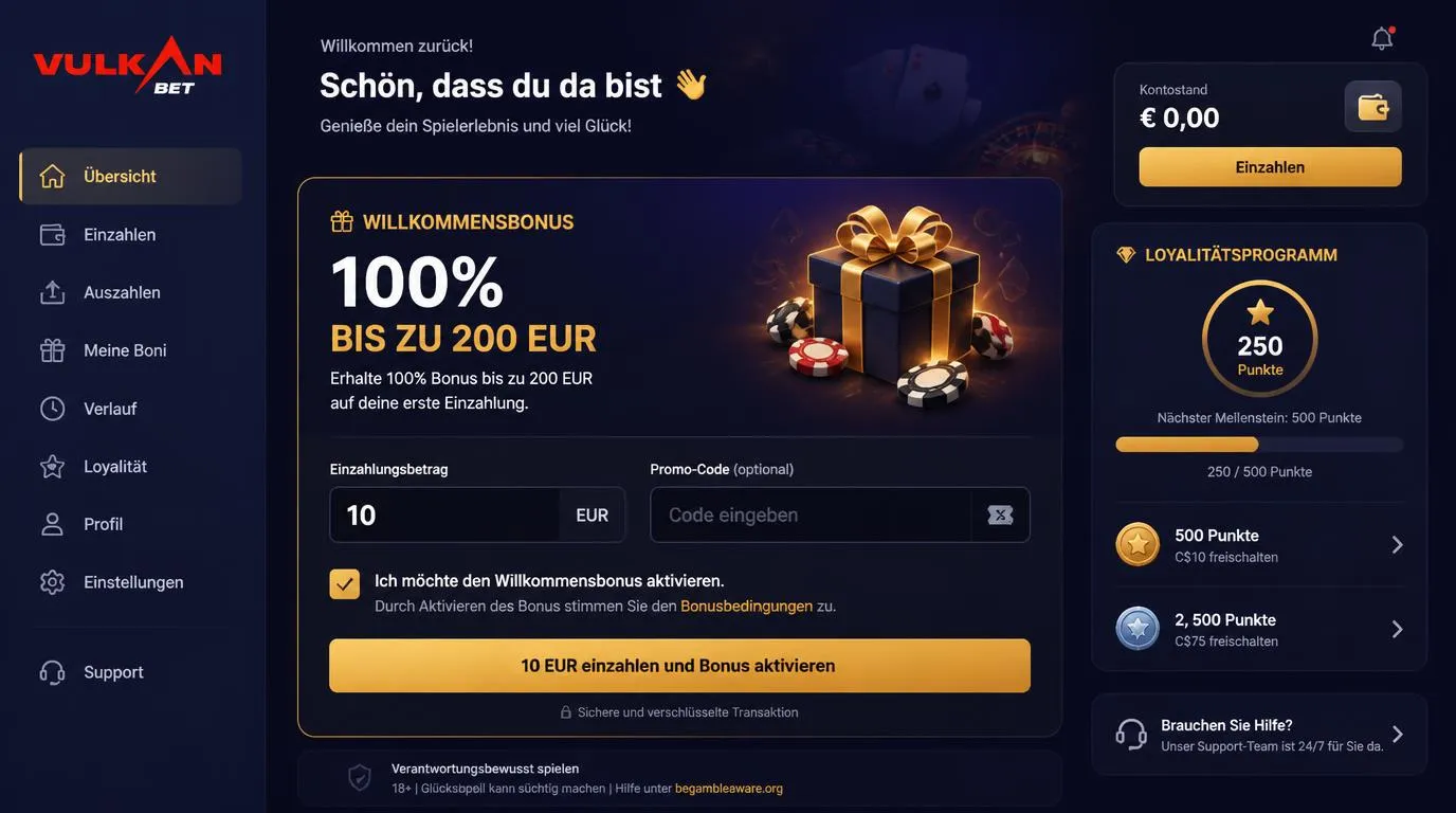 Casino-Kontoansicht mit ausgewähltem Willkommensbonus und Eingabefeld für einen Aktionscode