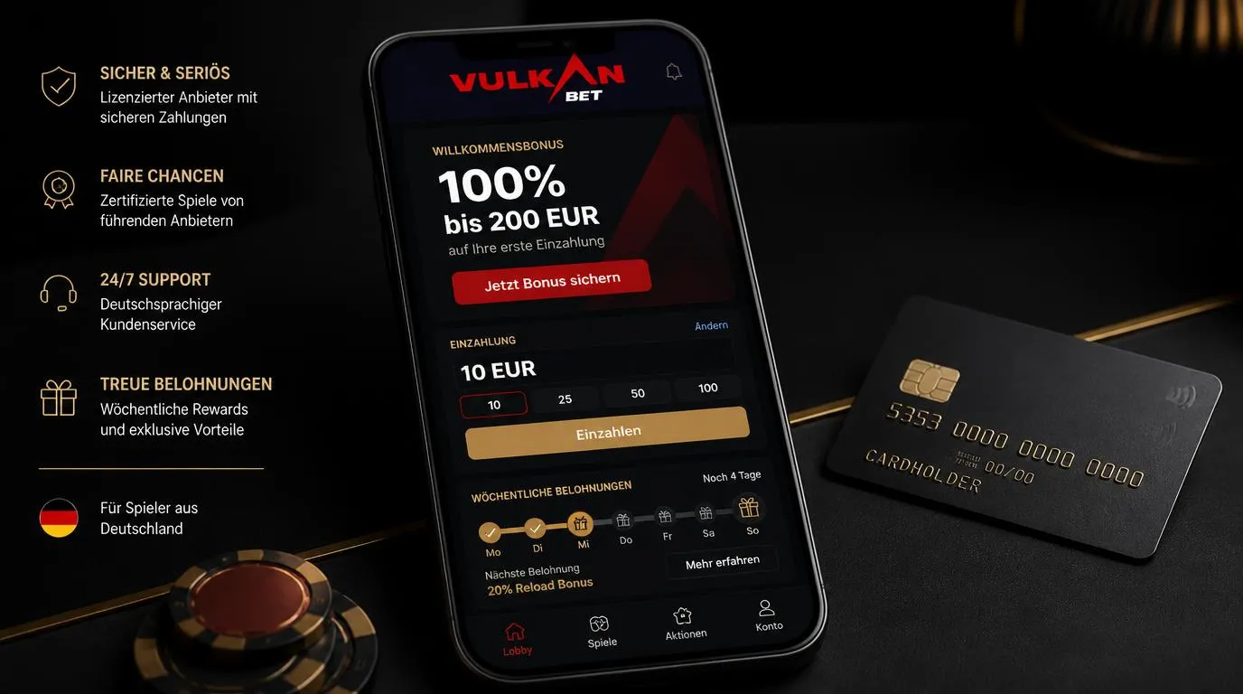 Bonusübersicht mit Willkommensangebot, 10-EUR-Einzahlung und Wochenaktionen in einer Casino-App