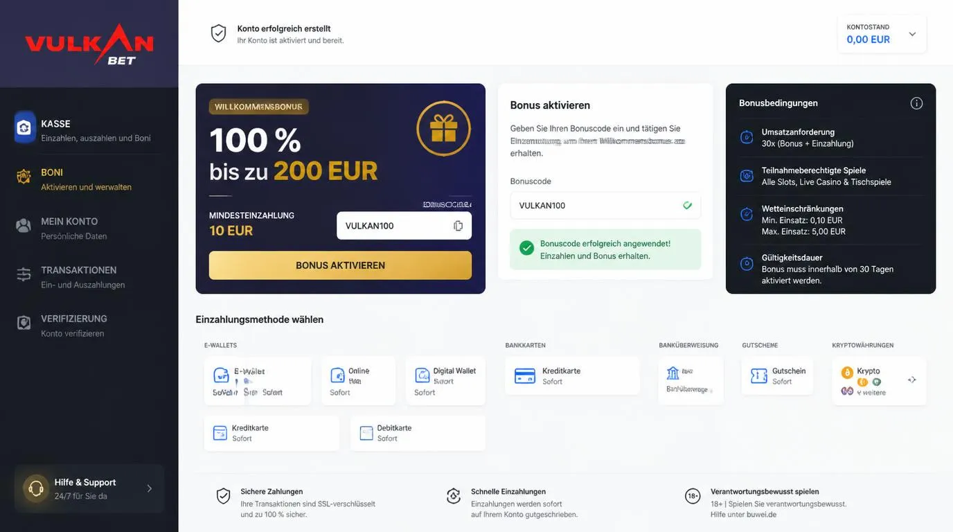 Casino-Kasse mit Bonusfeld, Einzahlungsbetrag und Auswahl digitaler Zahlungsmethoden
