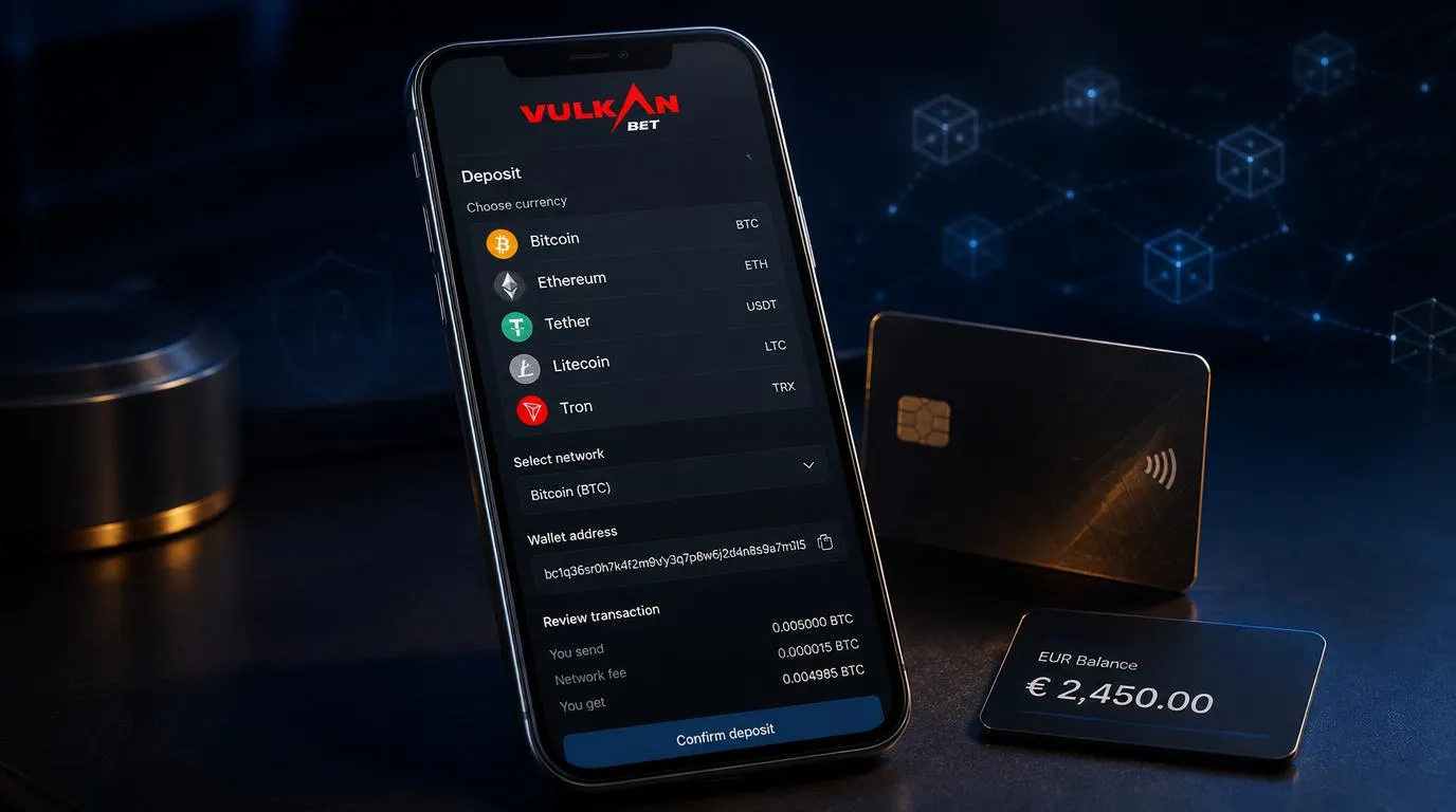 Smartphone mit Krypto-Wallet neben Karten und Euro-Guthaben für sichere Casino-Einzahlungen