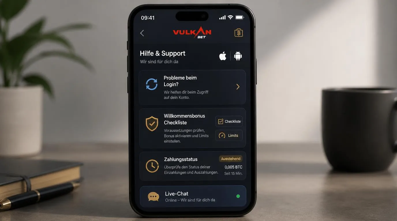 Smartphone mit Casino-Login, Zahlungsstatus und geöffnetem Live-Chat auf einem mobilen Bildschirm