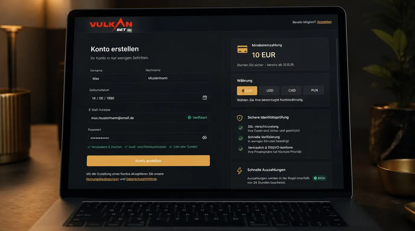 Registrierungsmaske eines Casino-Kontos mit Auswahl der Kontowährung und Mindesteinzahlung von 10 EUR