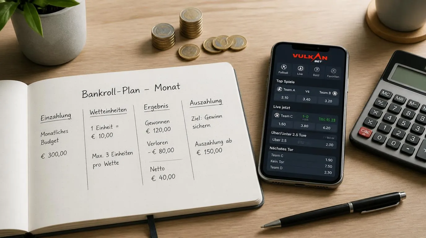 Notizbuch mit Wettbudget, Smartphone mit Sportquoten und klar markierten Einsatzlimits