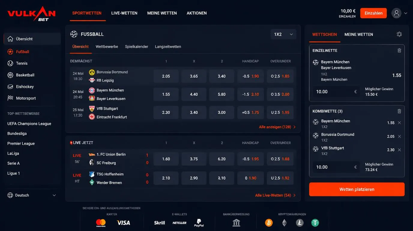 Sportwetten-Dashboard mit Live-Quoten, Sportauswahl und ausgefülltem Wettschein
